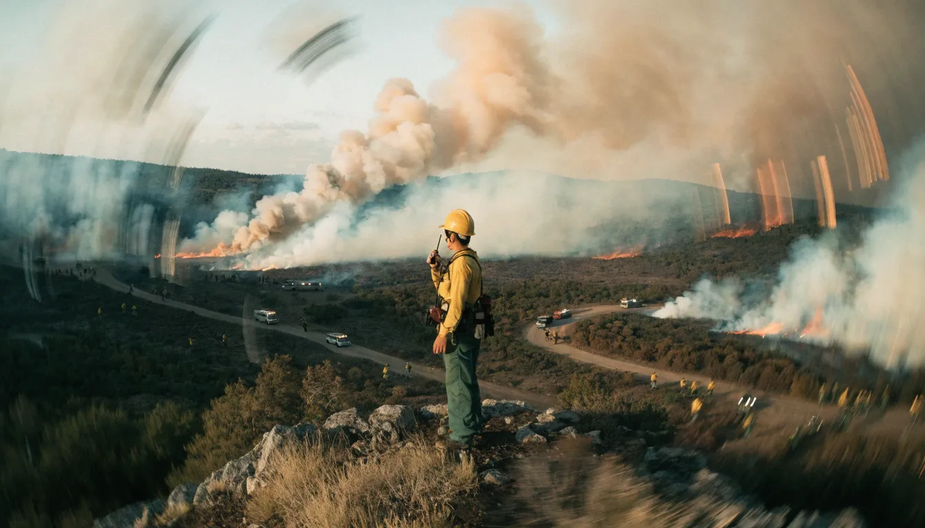 Wildland fire crew leader surveying an incident and coordinating the next operational shift.