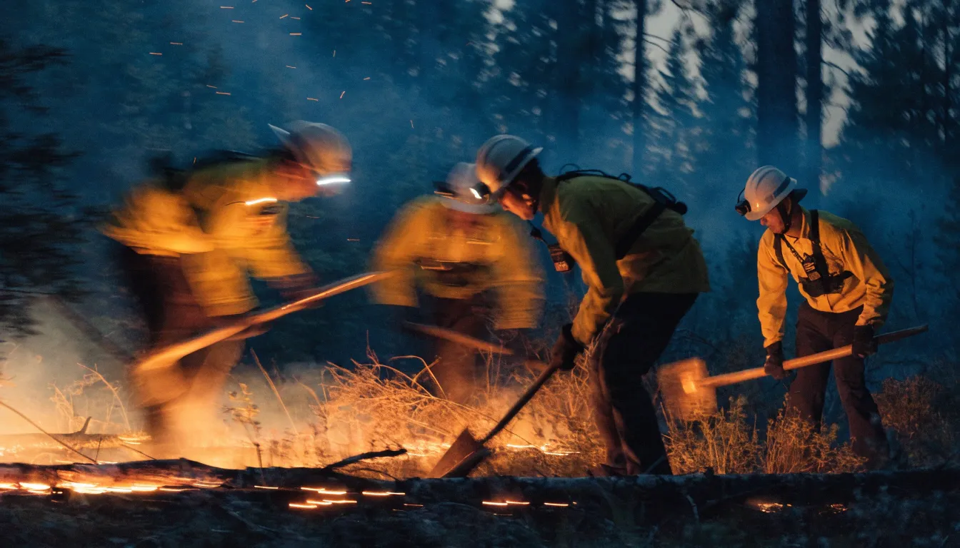 Wildland fire crew working together along a glowing fireline at night.