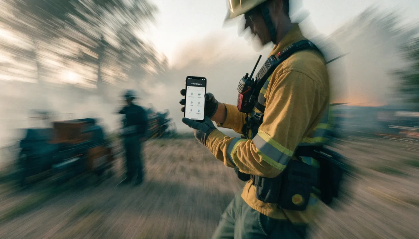 Wildland firefighter reviewing an incident report on a mobile device in the field.