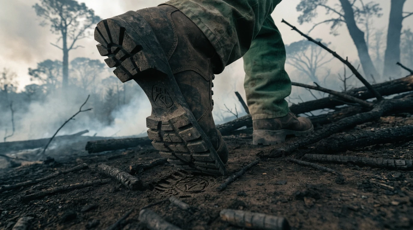 Boots moving across a burned landscape.
