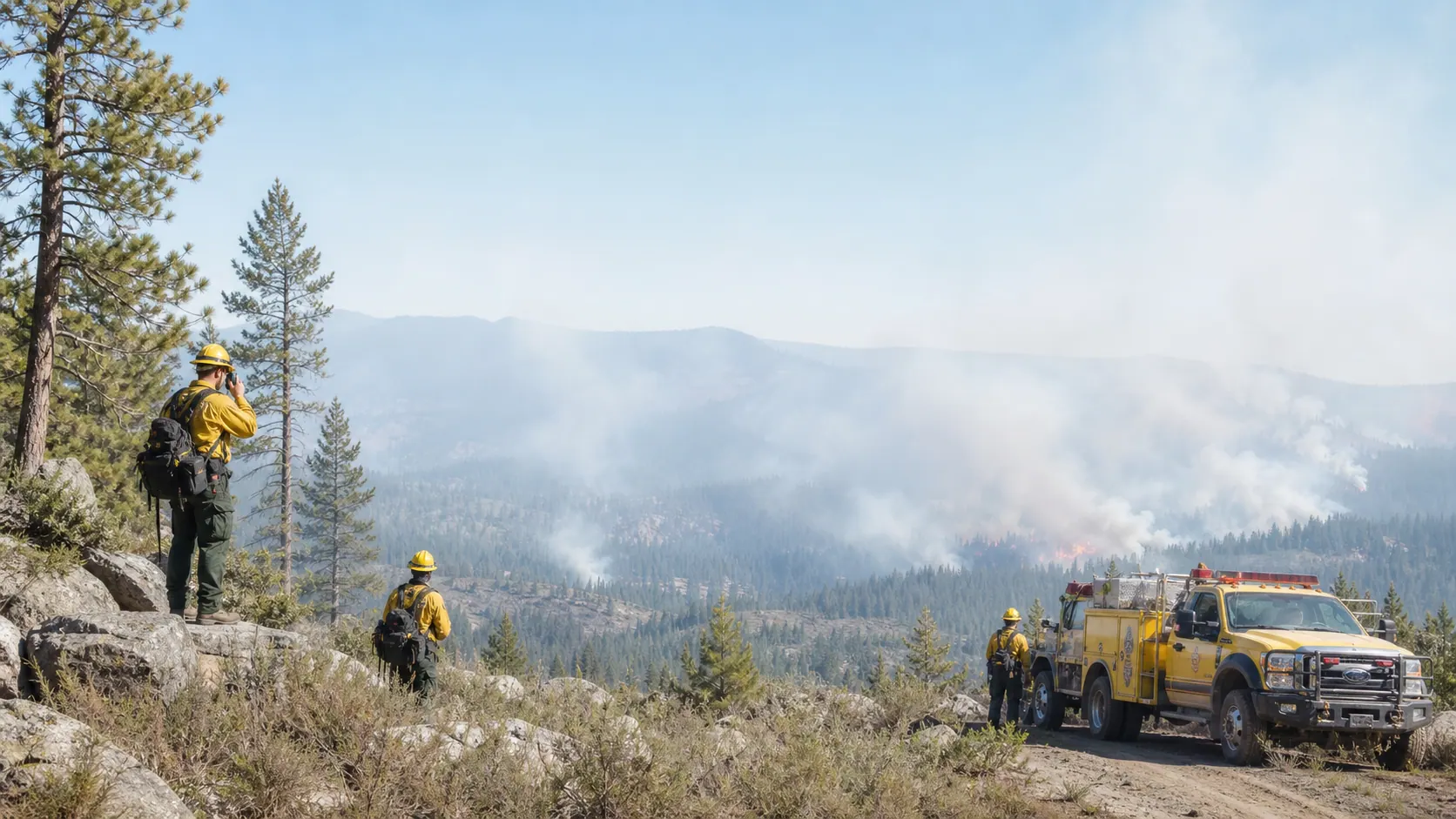 Wildland firefighters monitoring an active incident from a mountain road