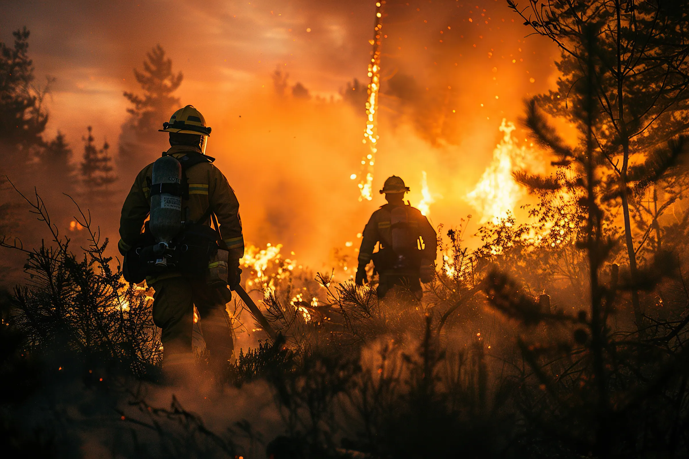 Two firefighters walking toward a fire