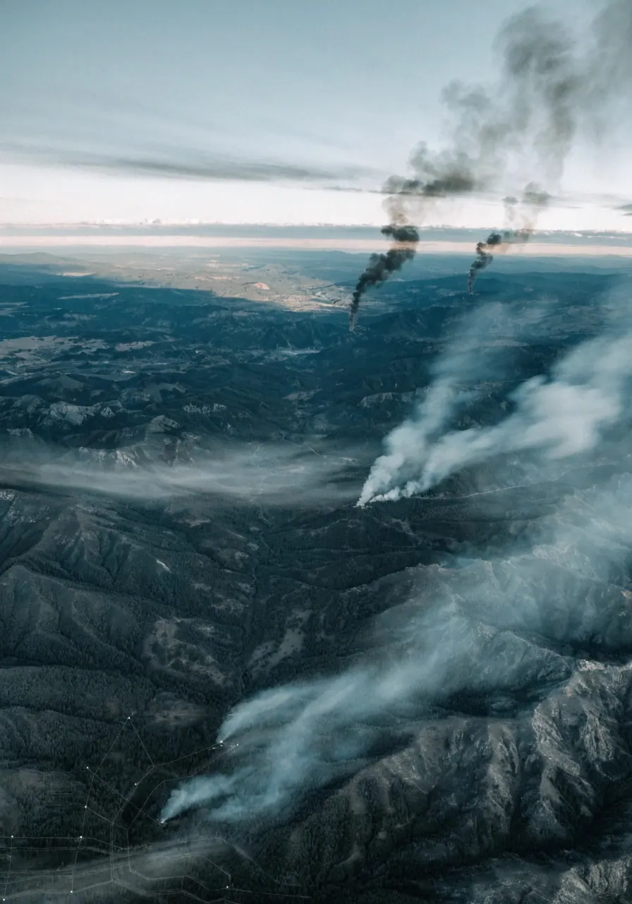 Aerial view of multiple active wildland fires across mountainous terrain