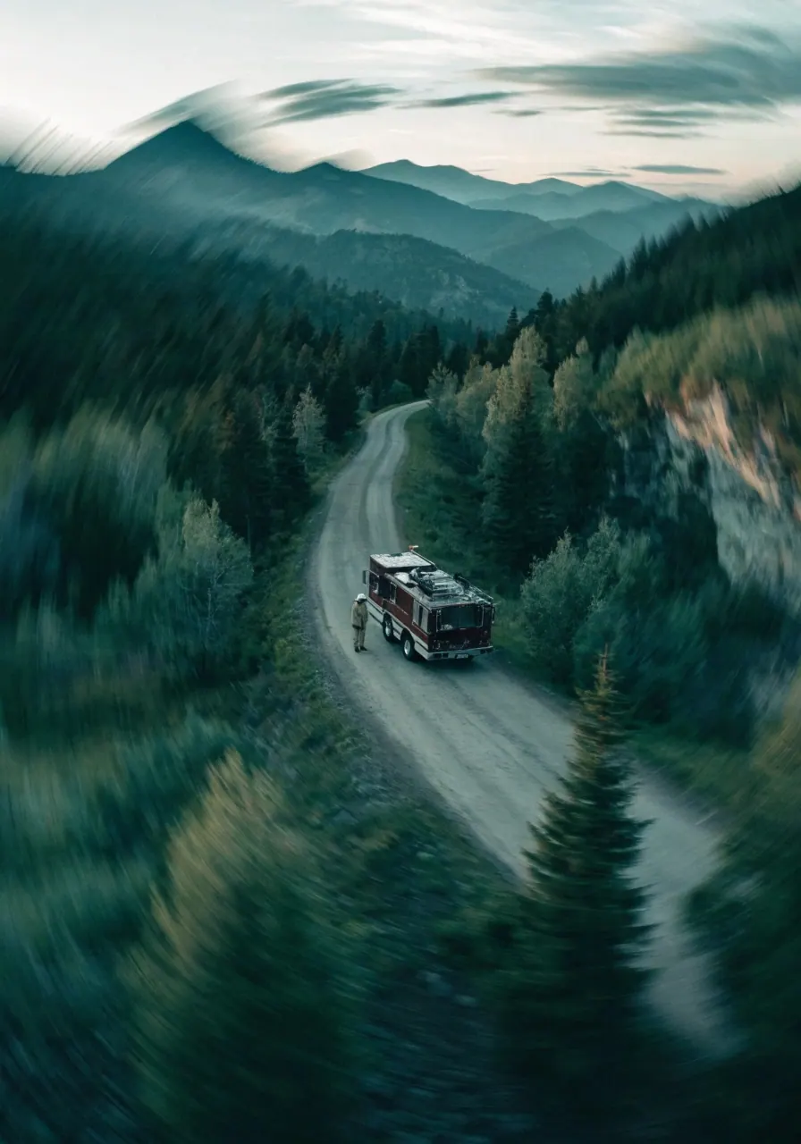 A fire engine and firefighter on a remote mountain road