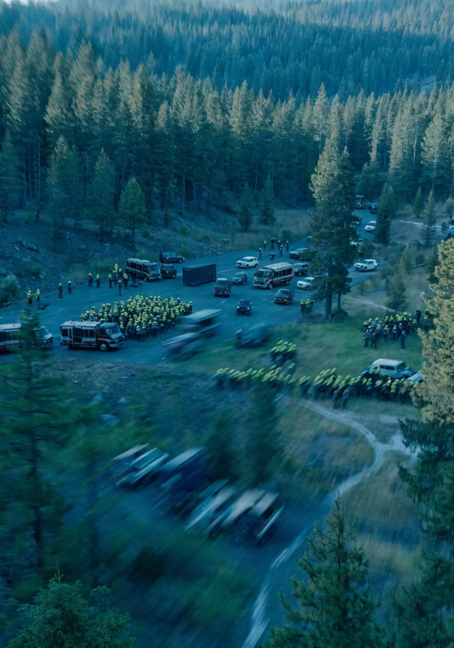 Wildland crews and fire apparatus coordinating in a forest staging area