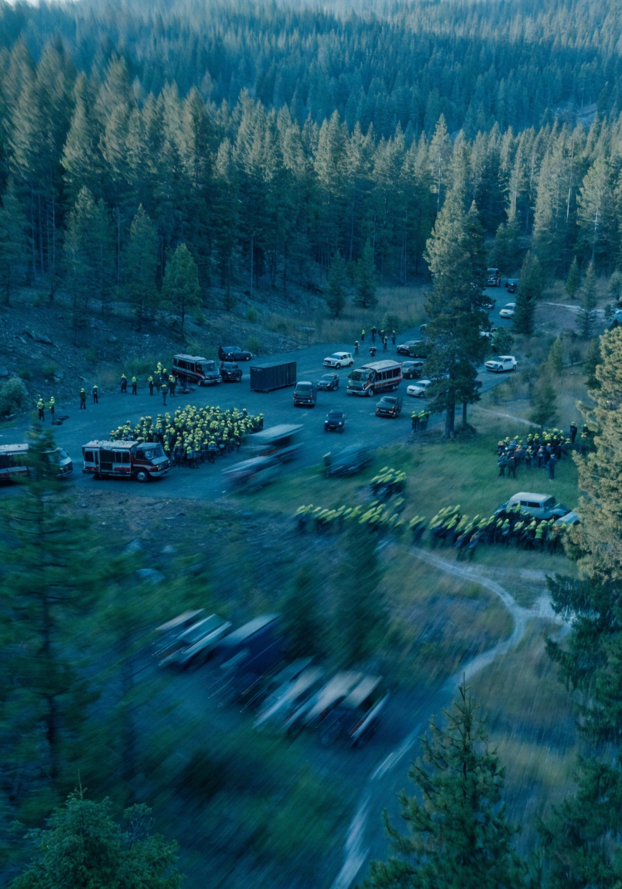 Wildland resources assembling in a forest staging area.