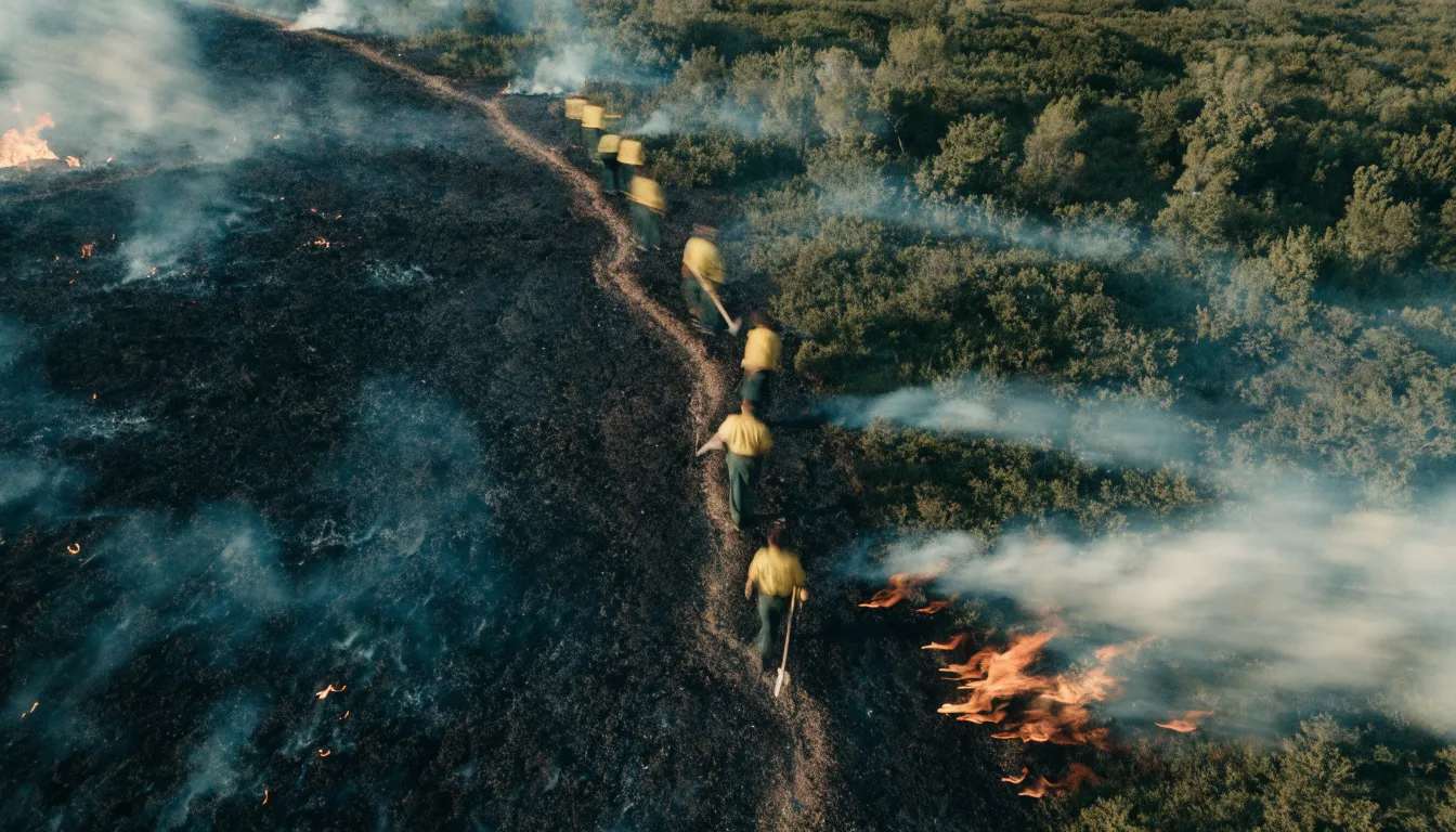 Aerial view of a wildland hand crew moving along a contained fireline.